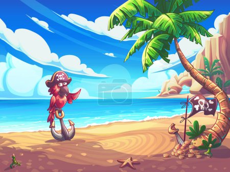 Illustration for Hand-drawn 100 vector image. Digital illustration. Cartoon seascape with parrot in a pirate hat. Vector illustration of natural landscape. On the shore there is parrot pirate, palm tree, flask of rum, and starfish. - Royalty Free Image