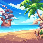 Hand-drawn 100 vector image. Digital illustration. Cartoon seascape with Pirates ship. Vector illustration of natural landscape. On the shore there is palm tree, flask of rum, and starfish.