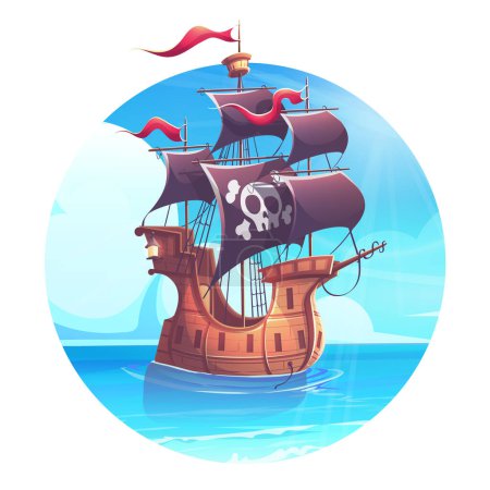 Illustration for Hand-drawn 100 vector image. Digital illustration. Cartoon illustration with Pirate ship with red flags and lantern. - Royalty Free Image