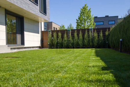 Photo for Lawn in front of a modern house with green grass and trees - Royalty Free Image