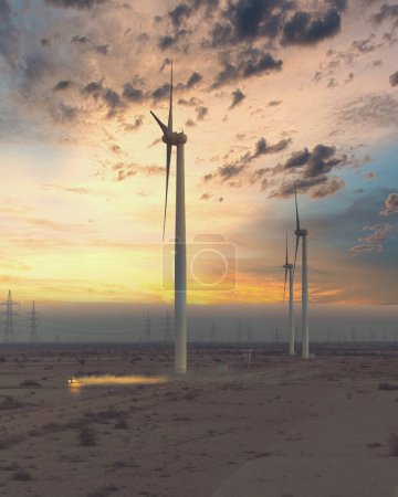 Téléchargez les photos : Wind turbines with beautiful sunset sky, zorlu energy wind turbines installed in jhampir near gharo sindh Pakistan. renewable energy, green energy - en image libre de droit