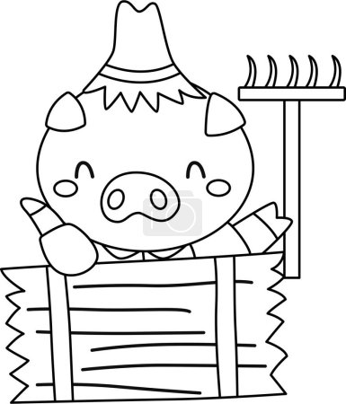 Téléchargez les illustrations : Un vecteur de l'un des cochons dans l'histoire des trois petits cochons en noir et blanc - en licence libre de droit