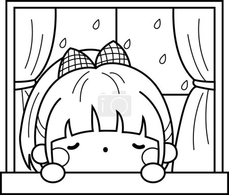 Téléchargez les illustrations : Vecteur d'une fille près d'une fenêtre alors qu'il pleut en noir et blanc - en licence libre de droit