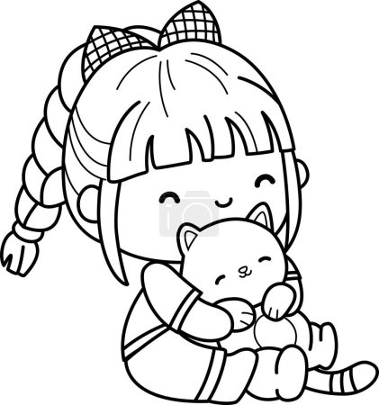 a vector of a girl hugging a cat in black and white coloring