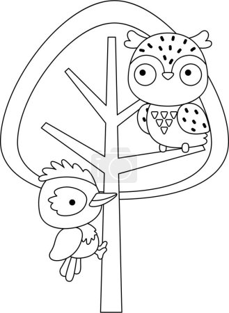Téléchargez les illustrations : Vecteur d'un pic et d'un hibou dans un arbre de couleur noire et blanche - en licence libre de droit