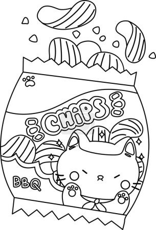 Illustration for A vector of chips with cute cat design in black and white coloring - Royalty Free Image