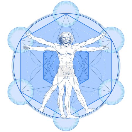 Ilustración de Diseño vectorial de Vitruvian Man con fondo Metatron - Imagen libre de derechos