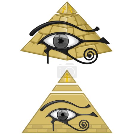 Téléchargez les illustrations : Conception vectorielle pyramidale de l'Égypte ancienne, avec l'œil d'horus et de croix recuite, symboles égyptiens anciens - en licence libre de droit