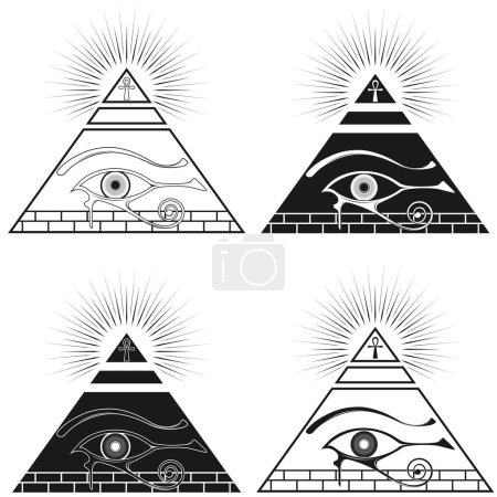 Téléchargez les illustrations : Conception vectorielle pyramidale de l'Égypte ancienne, avec l'œil d'horus et de croix recuite, symboles égyptiens anciens - en licence libre de droit