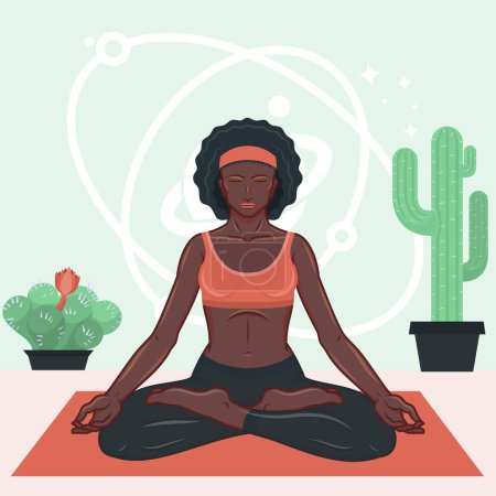 Ilustración de Diseño vectorial de la mujer meditando en posición de flor de loto, mujer haciendo yog - Imagen libre de derechos
