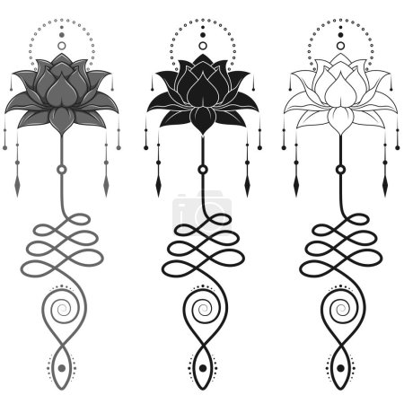 Illustration for Lotus Flower Vector Design with Unalome hindu symbol, yoga and induism symbol, lotus flower motifs for tattoo - Royalty Free Image