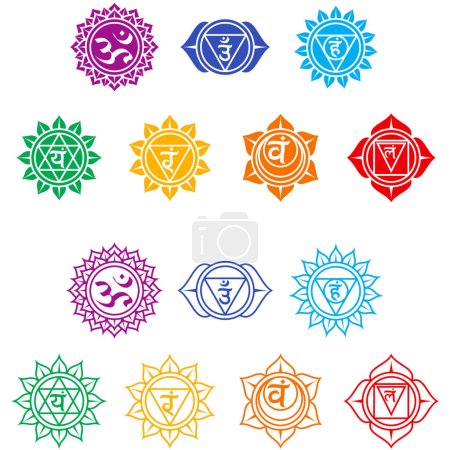 Téléchargez les illustrations : Conception vectorielle des sept chakras centre énergétique, un symbole de la doctrine hindoue qui montre les sept chakras du corps humain, avec leurs couleurs respectives - en licence libre de droit