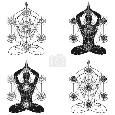 Ilustración de Diseño vectorial del hombre meditando en posición de flor de loto con figura de metatrón y símbolo de chakra - Imagen libre de derechos