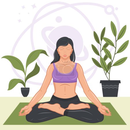 Ilustración de Diseño vectorial de la mujer meditando en posición de flor de loto, mujer haciendo yog - Imagen libre de derechos