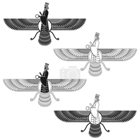 Illustration for Zoroastrianism religious symbol silhouette vector design, Faravahar symbol silhouette - Royalty Free Image
