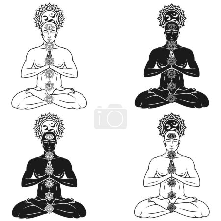 Ilustración de Diseño vectorial del hombre meditando en posición de flor de loto con símbolo de chakra - Imagen libre de derechos