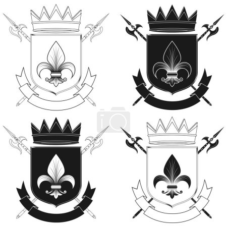 Illustration for Middle ages heraldic shield vector design, coat of arms with fleur de lis heraldic symbol, with halberd, crown and ribbon - Royalty Free Image