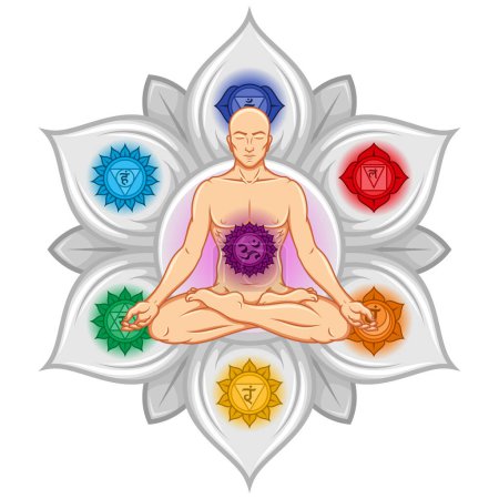 Ilustración de Diseño vectorial del hombre meditando en posición de flor de loto con símbolo de chakra - Imagen libre de derechos