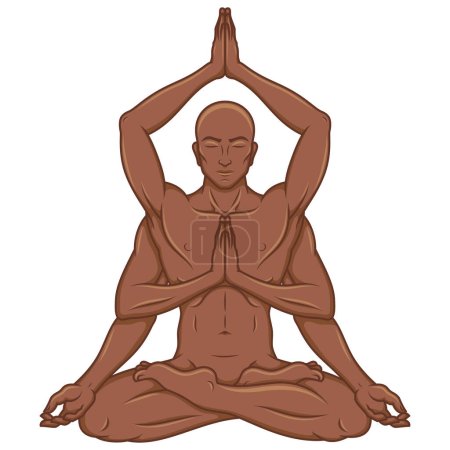 Ilustración de Diseño vectorial del hombre con seis brazos haciendo yoga en posición de flor de loto - Imagen libre de derechos