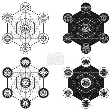 Téléchargez les illustrations : Conception vectorielle du symbole du métatron, géométrie sacrée, figure géométrique du métatron avec des symboles de chakra - en licence libre de droit