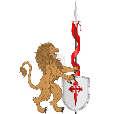 Illustration for Vector design of rampant lion with medieval pennant and shield, Armed lion with spear and shield, heraldic symbol of European Middle Ages - Royalty Free Image
