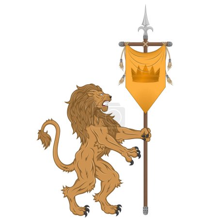 Illustration for Vector design of rampant lion with medieval pennant, heraldic symbol of European Middle Ages - Royalty Free Image