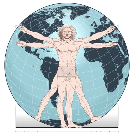Illustration for Vector design of Leonardo da Vinci's Vitruvian Man, Study of the Ideal Proportions of the Human Body, with planet Earth in the background - Royalty Free Image