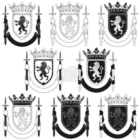 Vektor-Design des Wappens des Mittelalters, edles Schild der europäischen Monarchie mit wucherndem Löwen, Kronen, Schleife und Schwertern