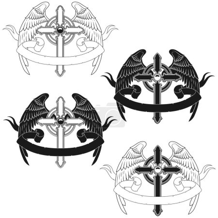 Vektor-Design eines geflügelten Kreuzes mit Schleife, himmlisches Kreuz mit Flügeln, christliche Symbologie des Paradieses