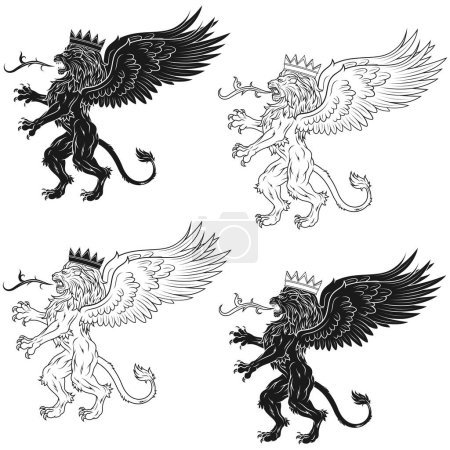 Téléchargez les illustrations : Conception vectorielle de lion ailé rampant avec couronne, lion héraldique avec ailes, créature fantaisie ailée - en licence libre de droit