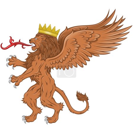 Illustration for Vector design of winged rampant lion with crown, heraldic lion with wings, winged fantasy creature - Royalty Free Image