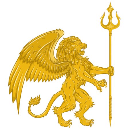 Illustration for Vector design of winged rampant lion with trident, heraldic lion with wings, winged fantasy creature - Royalty Free Image