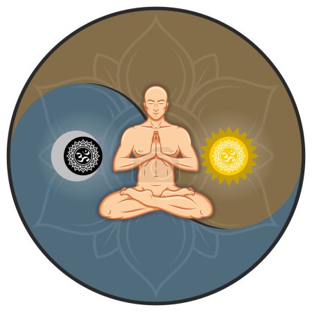 Ilustración de Diseño vectorial del hombre meditando en posición de loto, el hombre trascendiendo el nirvana a un plano superior, el hombre haciendo yoga con el símbolo yin yang en el fondo - Imagen libre de derechos