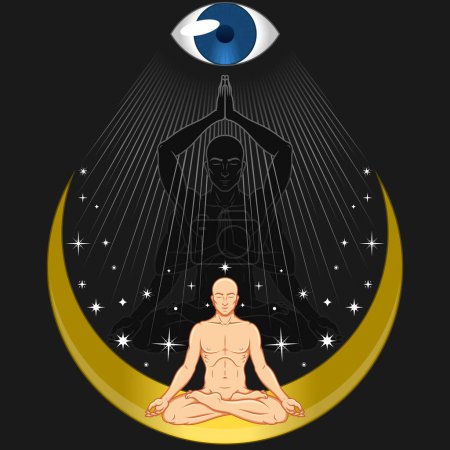 Ilustración de Diseño vectorial del hombre meditando en posición de loto, el hombre trascendiendo a un plano superior el nirvana, el hombre haciendo yoga en un plano medial con todos los ojos videntes - Imagen libre de derechos