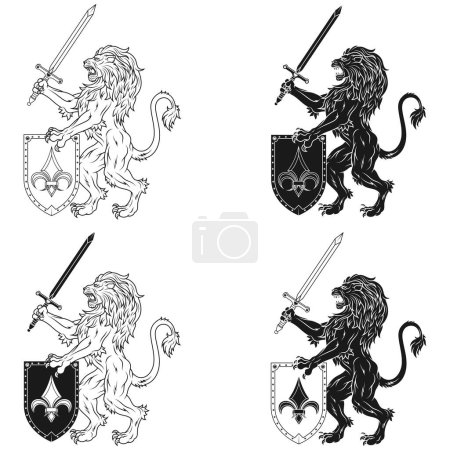 Illustration for Vector design of rampant lion with sword and shield, heraldic symbol of European Middle Ages - Royalty Free Image