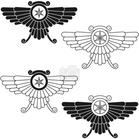 Téléchargez les illustrations : Conception vectorielle du symbole Faravahar, disque solaire ailé, symbole de religion zoroastrienne - en licence libre de droit