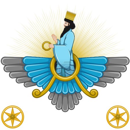 Ilustración de Diseño vectorial del símbolo de Faravahar, lado símbolo del zoroastrismo donde se muestra Ahura Mazda - Imagen libre de derechos