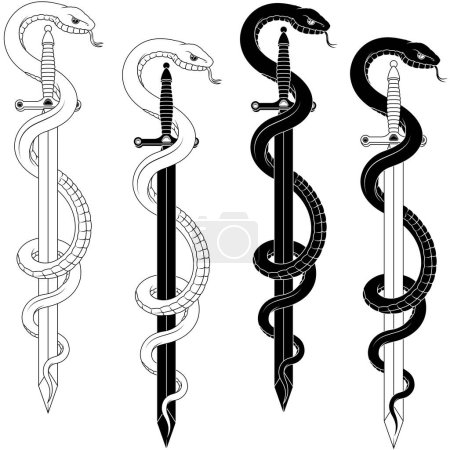 Illustration for Vector design of European medieval sword with snake, Ancient sword surrounded by a snake - Royalty Free Image