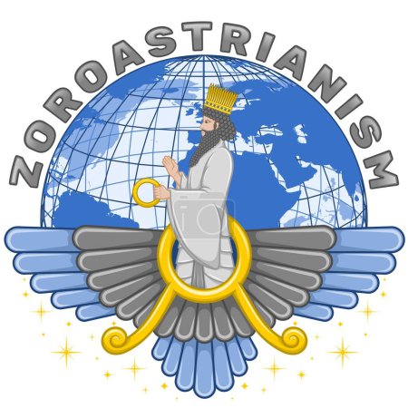 Ilustración de Diseño vectorial religioso zoroastrismo, símbolo de Faravahar con Ahura Mazda y el planeta tierra - Imagen libre de derechos