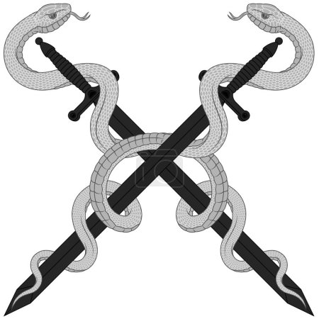 Téléchargez les illustrations : Conception vectorielle de l'épée médiévale européenne avec serpent, Ancienne épée entourée d'un serpent - en licence libre de droit