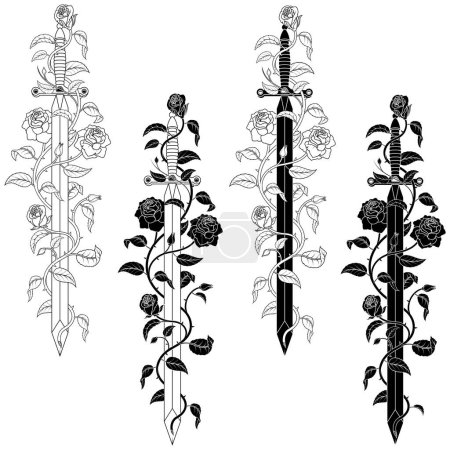 Vektor-Design des europäischen mittelalterlichen Schwertes mit Rosen, antikes Schwert umgeben von Pflanzen und Blumen