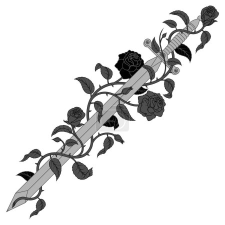 Téléchargez les illustrations : Conception vectorielle de l'épée médiévale européenne avec des roses, Ancienne épée entourée de plantes et de fleurs - en licence libre de droit