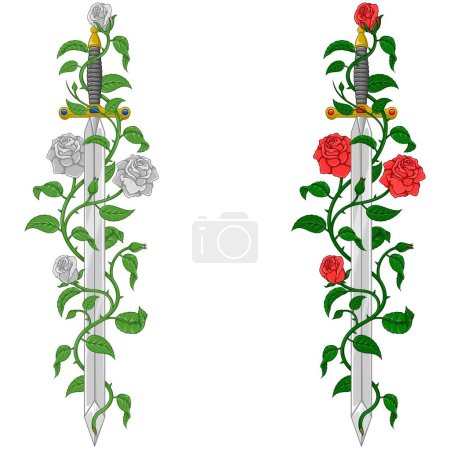 Téléchargez les illustrations : Conception vectorielle de l'épée médiévale européenne avec des roses, Ancienne épée entourée de plantes et de fleurs - en licence libre de droit