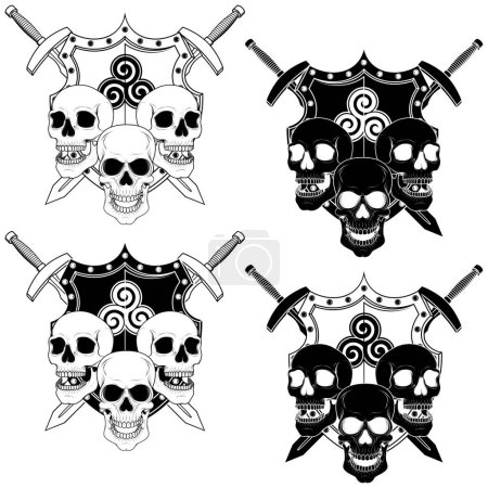Ilustración de Diseño vectorial de Escudo de armas con calaveras y espadas - Imagen libre de derechos