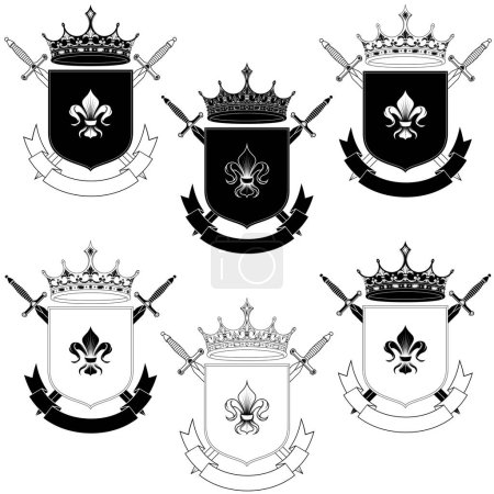 Illustration for Middle ages heraldic shield vector design, coat of arms with fleur de lis heraldic symbol, with crowns and swords - Royalty Free Image