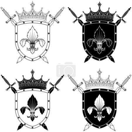 Illustration for Crowned heraldic shield with lily flower and two swords. heraldic shield of the middle ages - Royalty Free Image