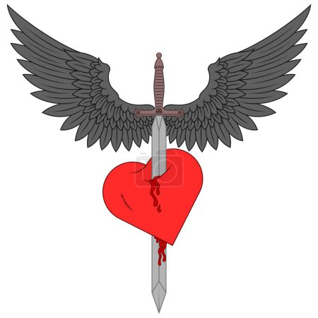 Illustration for Vector design of European medieval sword with wings, Winged sword piercing a heart as a symbol of love - Royalty Free Image