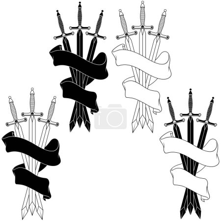 Téléchargez les illustrations : Épée médiévale européenne vecteur design, Epées médiévales entourées de ruban héraldique - en licence libre de droit