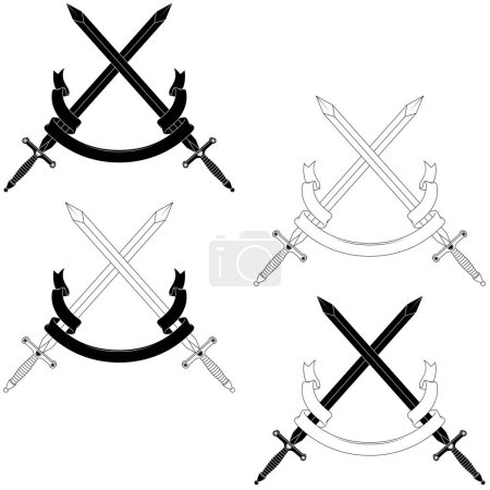 Illustration for European medieval sword vector design, Medieval swords encircled with heraldic ribbon - Royalty Free Image