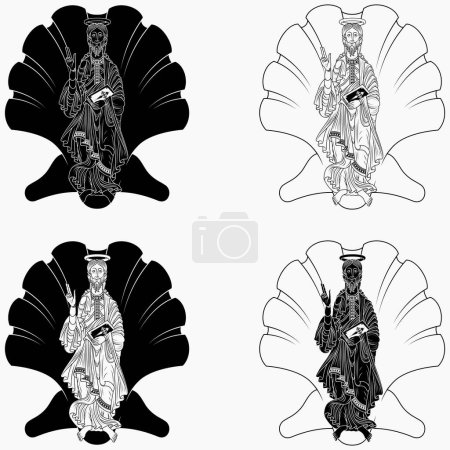 Ilustración de Diseño vectorial Santiago Apóstol sosteniendo una biblia, con el símbolo de una concha marina, arte cristiano de la Edad Media - Imagen libre de derechos
